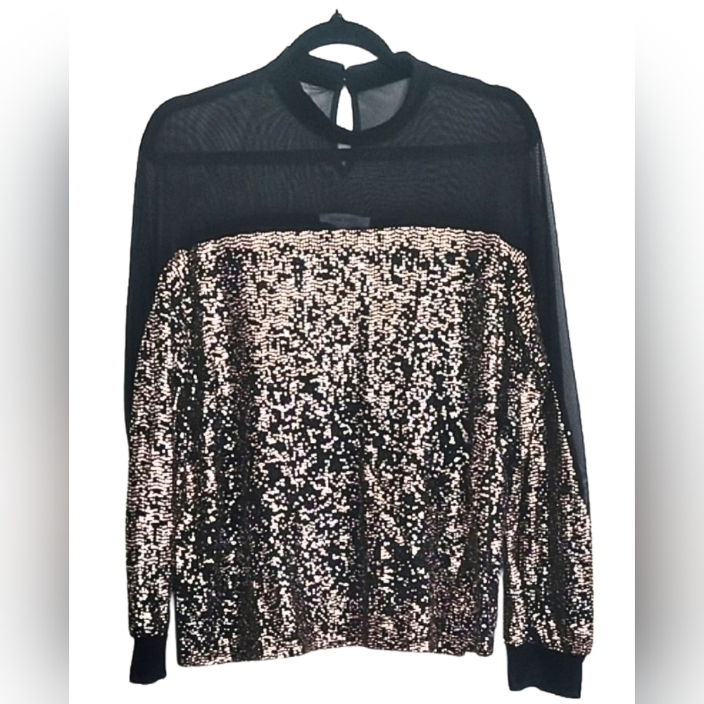 NINE WEST Black and Gold Sequin Blouse Size M